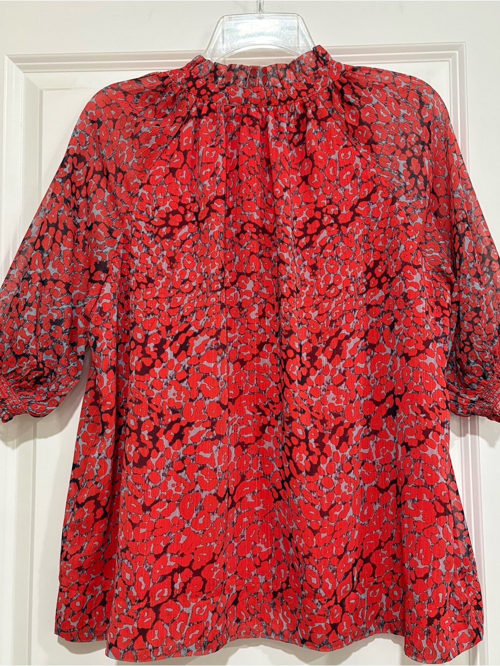 Avara Red Leopard Print Blouse | Sheer Sleeves | Fully Lined | Size Medium - Picture 2 of 4